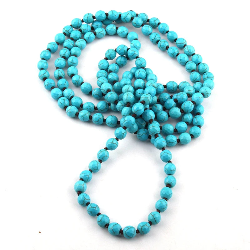 Blue Faceted Stone Knotted Long Necklace Jewelry