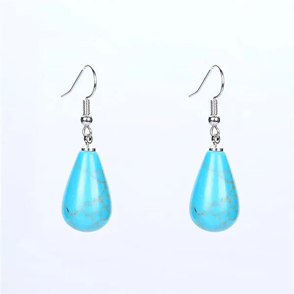 Natural Stone Tear Water Drop Beads Pendant Dangle Earring Black Obsidian Pink Clear Quartz Drop Hook Earrings Women Jewelry