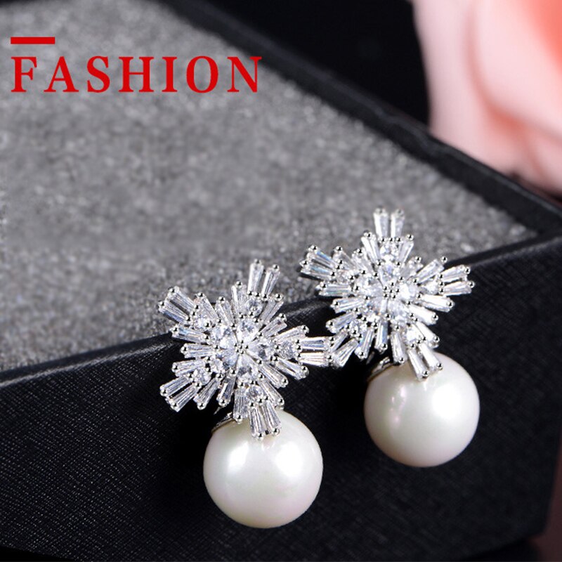 Imitation Pearl Earrings Women Fashion Snowflake Crystal Earrings Charm Zircon Jewelry Cute Earrings Best Choice for Couple Gift - Charlie Dolly