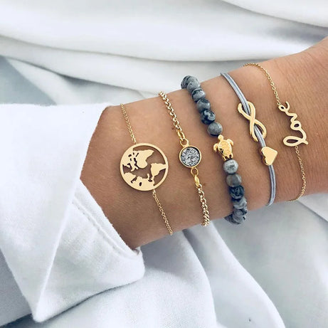 Boho Charm and Crystal Bead Bangle Bracelet Set