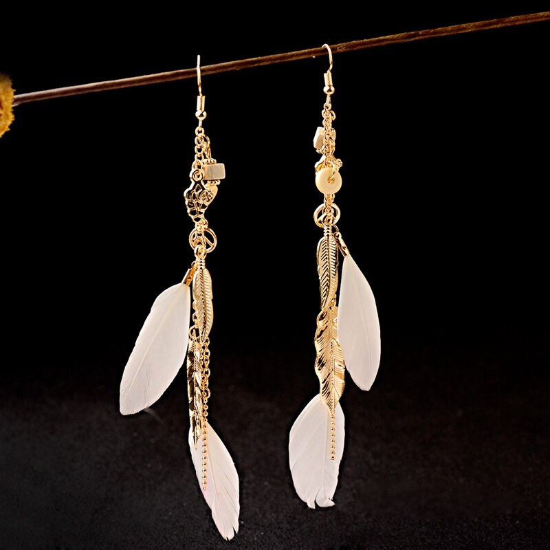 Bohemian Gold Color Long Alloy Tassel Earrings Women Kolczyki Vintage Wood Beads Feather Statement Earrings Fashion Jewelry 2019 - Charlie Dolly