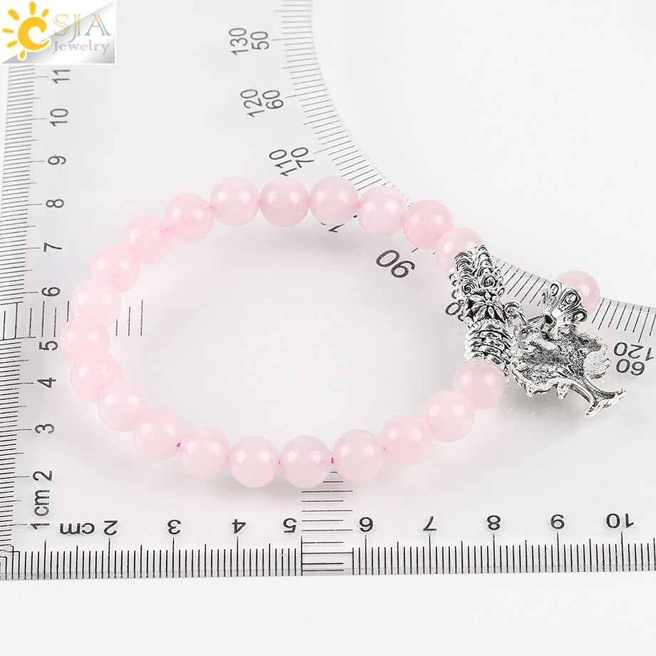 CSJA Reiki Pink Quartz Diffuser Bracelet Natural Crystal Gem Stone Mala Beads Tree of Life Charms Meditation Ethnic Jewelry E723