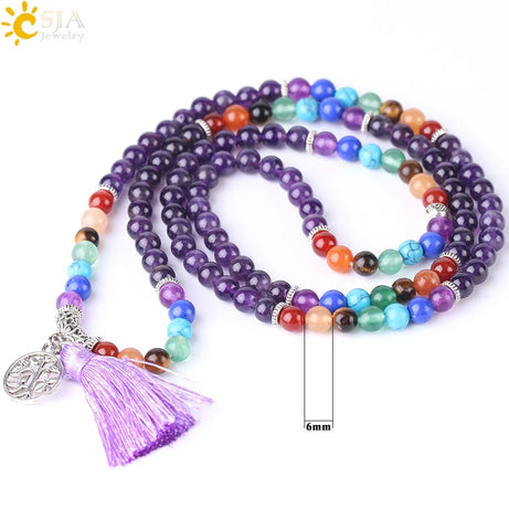 7 Chakra Natural Gem Stone Mala Tassel Long Boho Necklace