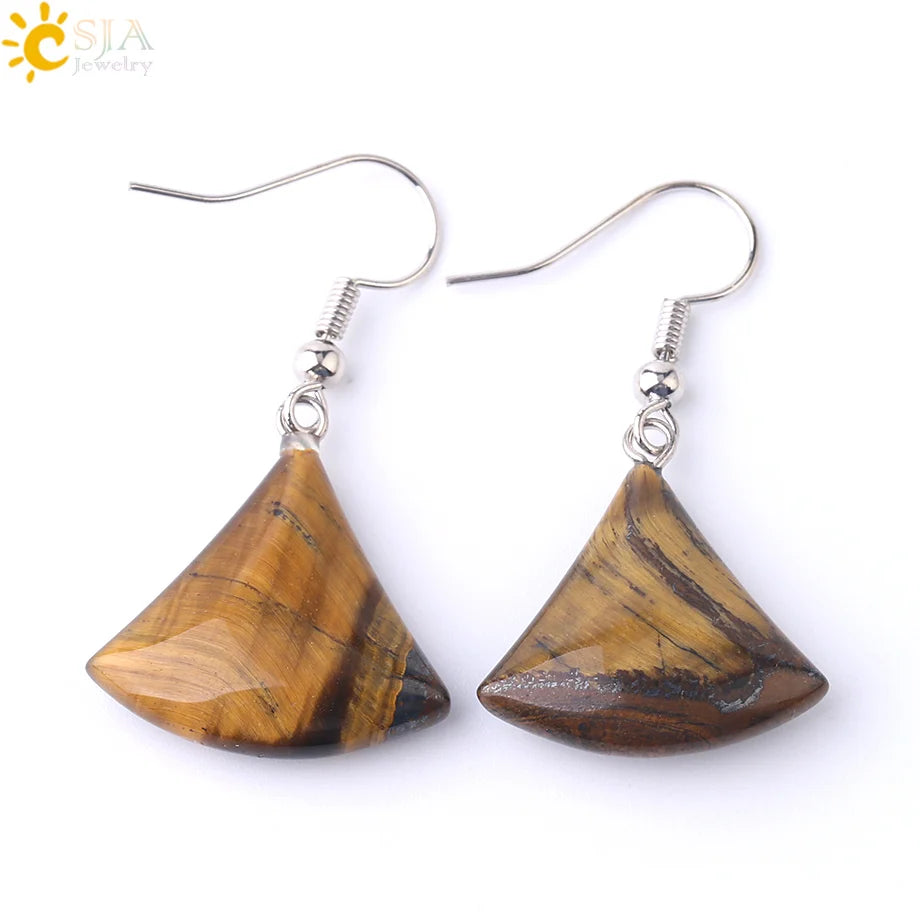 1pc Natural Stone Drop Earrings for Women Small Fan-shaped Earring Purple Pink Quartz Lapis Lazuli Crystal Tiger Eye F828