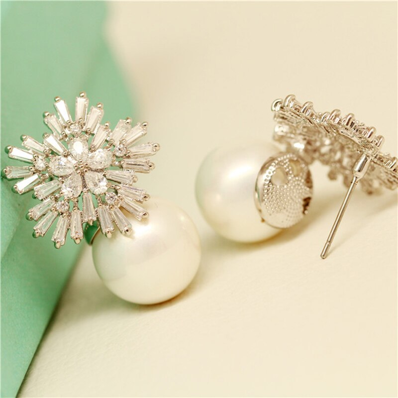 Imitation Pearl Earrings Women Fashion Snowflake Crystal Earrings Charm Zircon Jewelry Cute Earrings Best Choice for Couple Gift - Charlie Dolly