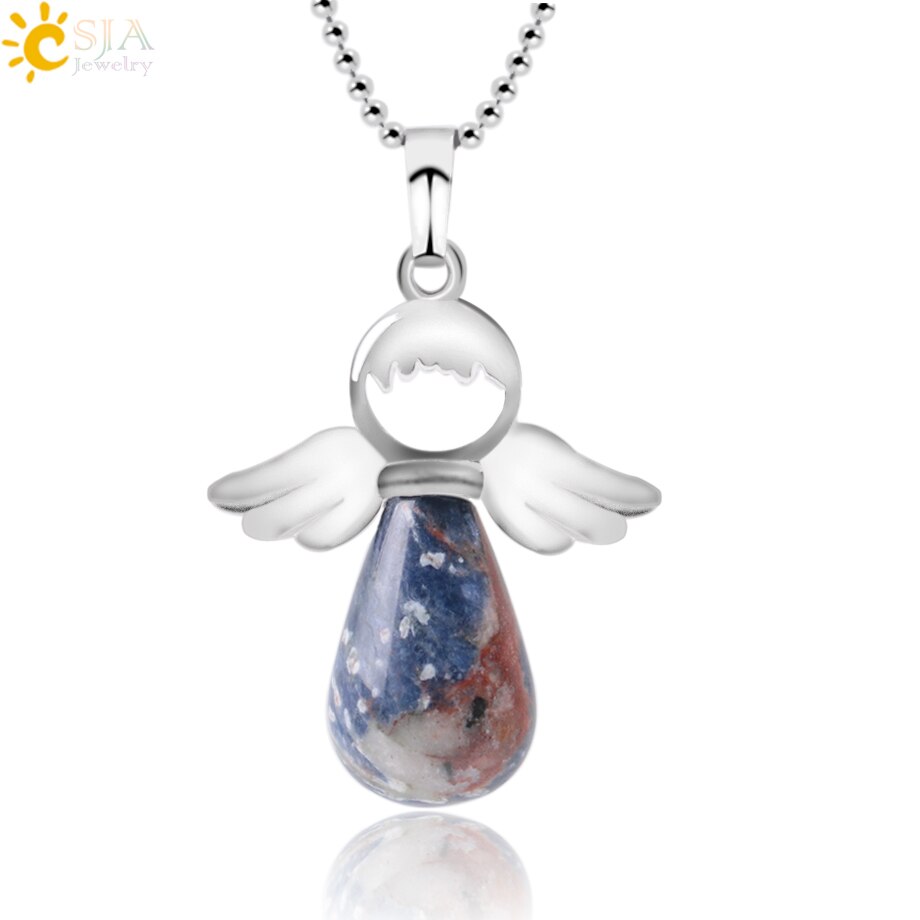 CSJA Angel Natural Stone Necklaces Pink Quartz Lapis Lazuli Necklace Angels Pendants for Women Purple Female Jewelry E947 - Charlie Dolly