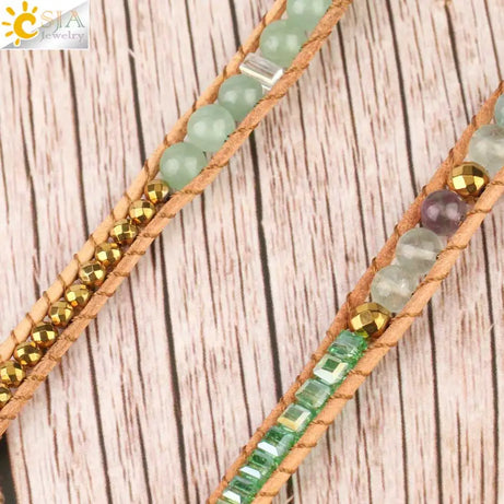 CSJA Natural Stone Bracelets Green Fluorite Crystal Aventurine Bead Leather Wrap Bracelet Multilayer Boho Jewelry Pulseira G118 - Charlie Dolly
