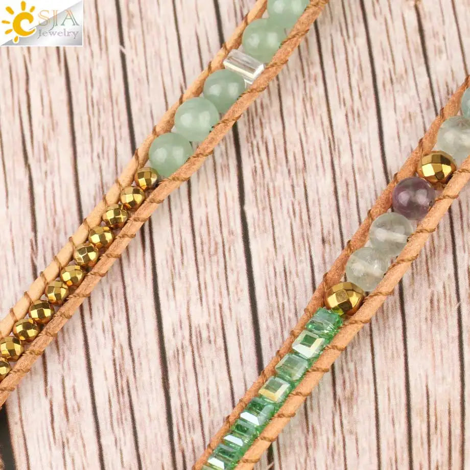 CSJA Natural Stone Bracelets Green Fluorite Crystal Aventurine Bead Leather Wrap Bracelet Multilayer Boho Jewelry Pulseira G118