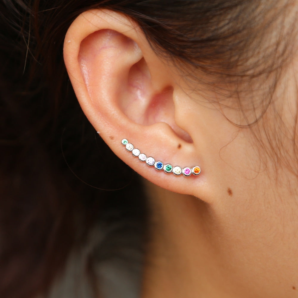 colorful cz climber earring curved long bar studs classic simple multi piercing look 925 sterling silver fashion ear jewelry - Charlie Dolly