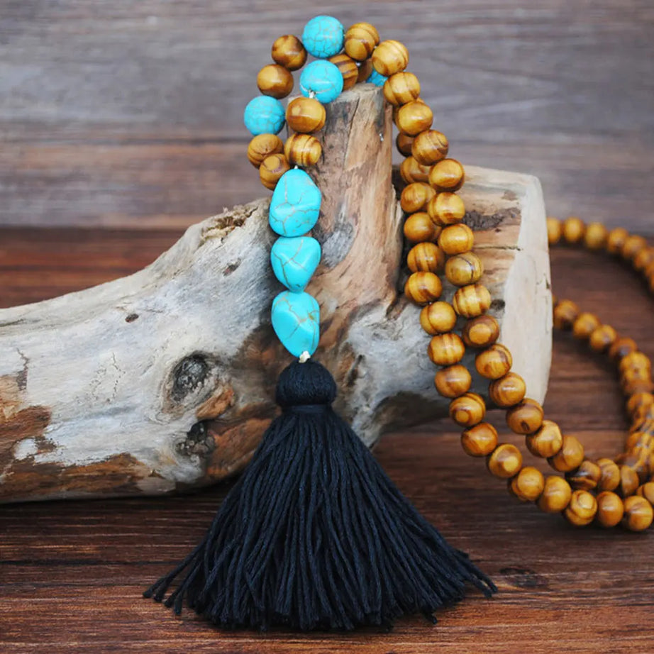 Wood Bead Star Tassel Long Necklace Jewelry