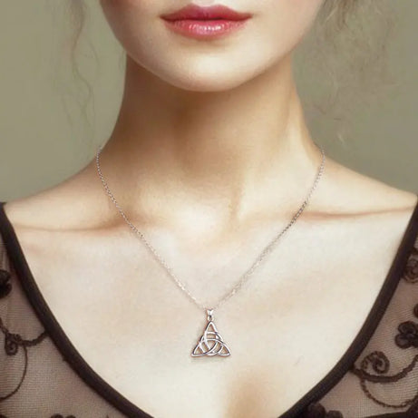 S925 Sterling Silver Celtic Knot Triangle Pendant Necklace, Purple CZ Sacred Geometry Amulet