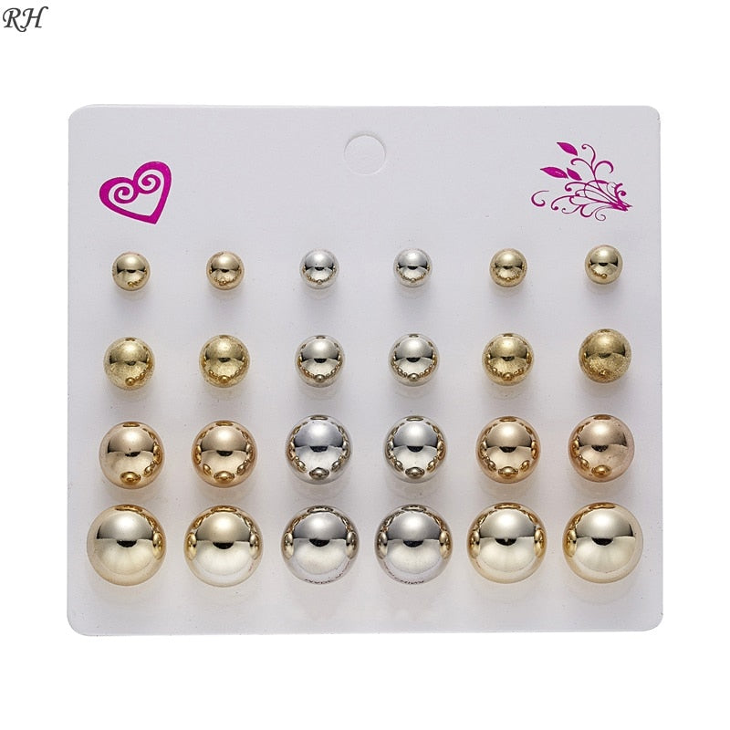 12 pairs/set Crystal Simulated Pearl Earrings Set Women Jewelry Accessories Piercing Ball Stud Earring kit Bijouteria brincos - Charlie Dolly