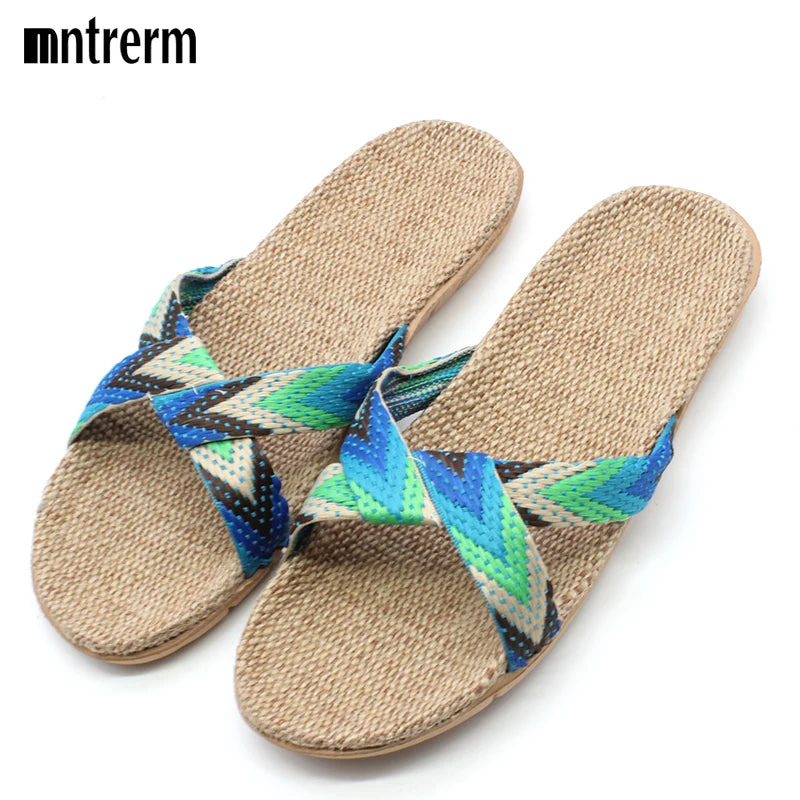 Mntrerm Hot 2023 New Candy Color Flax Home Slippers Striped Cut-outs Summer Indoor Slippers Flats Soft Cool Women Linen Slipper - Charlie Dolly
