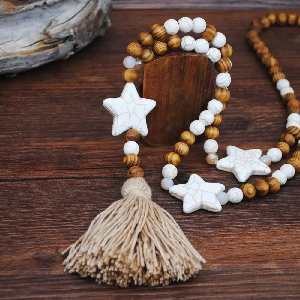 Wood Bead Star Tassel Long Necklace Jewelry
