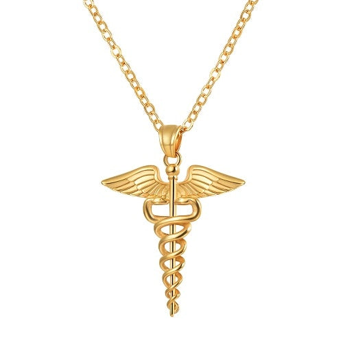 U7 Caduceus Pendants Necklace Medical Symbol Nurse Doctor Stainless Steel Double Snake Wings Mythology Necklaces for Women Men - Charlie Dolly
