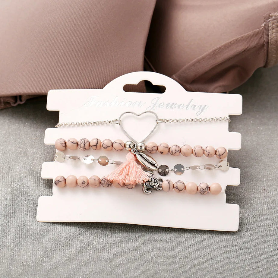 Boho Charm and Crystal Bead Bangle Bracelet Set