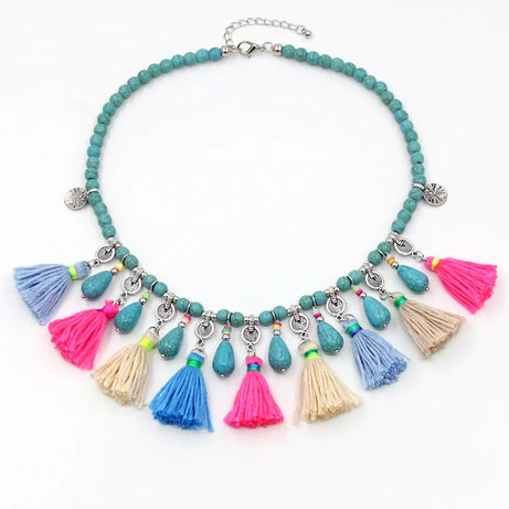 Boho Jewelry Women Statement Necklace Natural Stone Beaded Strand Tassel Water Drop Pendant Necklace Jewelry Sweater Chain - Charlie Dolly