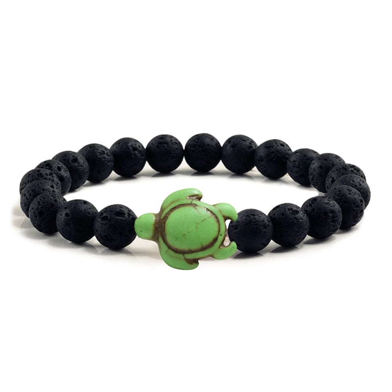 Summer Beach Sea Turtle Beads Bracelet for Men Charm Black Lava Natural Stone Strand Bracelets Elastic Women Boho Jewelry Gifts