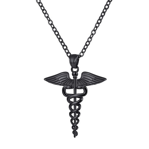 U7 Caduceus Pendants Necklace Medical Symbol Nurse Doctor Stainless Steel Double Snake Wings Mythology Necklaces for Women Men - Charlie Dolly