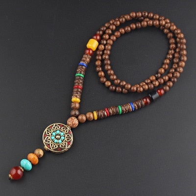 Vintage Nepal Long Buddhist Mala Wood Beaded Pendant &amp; Necklace Ethnic Bohemian Boho Buddha Lucky Jewelry for Women Men - Charlie Dolly