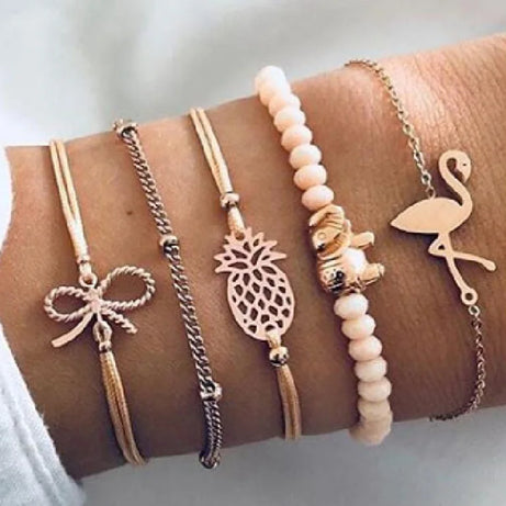 Boho Charm and Crystal Bead Bangle Bracelet Set