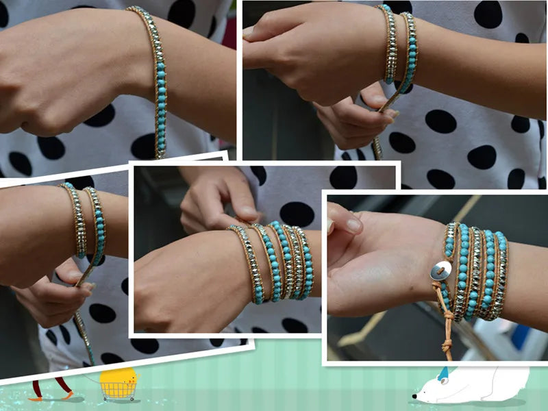 Women Men Boho Leather Wrap Bracelet & Bangle Natural Amazonite Stone Beaded Bohemia Charm Bracelet Handmade Jewelry Gift