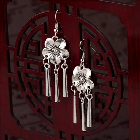 Silver Jhumka Flower Tassel Ethnic Earrings Jewelry