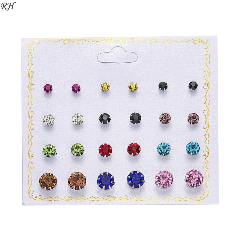 12 pairs/set Crystal Simulated Pearl Earrings Set Women Jewelry Accessories Piercing Ball Stud Earring kit Bijouteria brincos - Charlie Dolly
