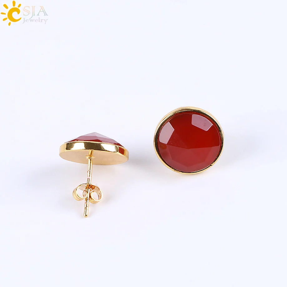 CSJA Gold Color Round Stud Earrings Natural Gem Precious Stone Green Black Obsidian Lapis Lazuli Amethysts Crystal Jewelry E597
