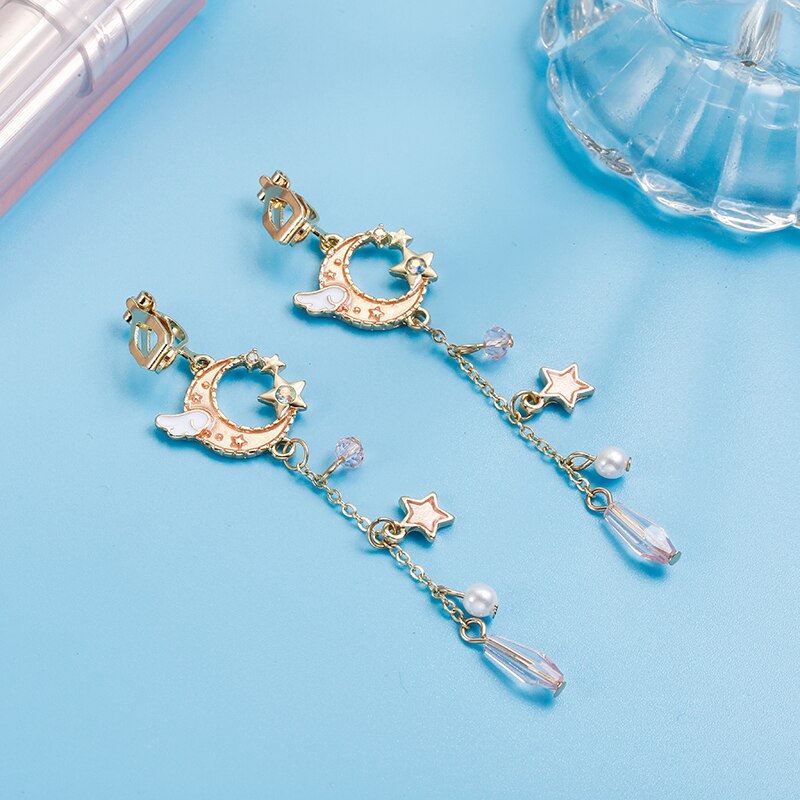 Korean Creative Clip On Earrings Cute Blue Universe Moon Star Asymmetric Long Tassel for Girl Women Without Piercing