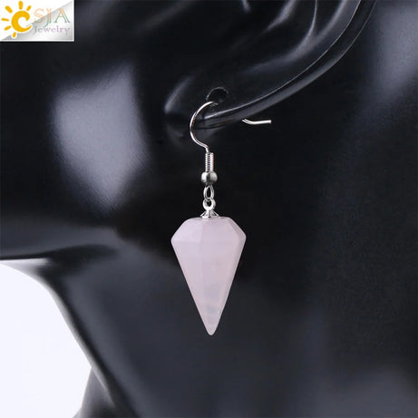 CSJA Bohemian Pyramid Drop Earrings Jewelry Earrings for Women Natural Stone Pink White Purple Crystal Quartz Lapis Lazuli E736 - Charlie Dolly