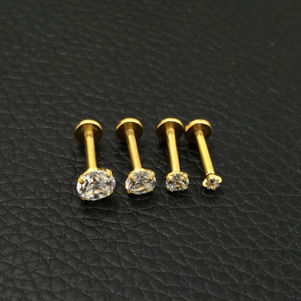 Gold Color Steel Rose Labret Lip Ring Zircon Anodized Titnium Internally Threaded CZ Gem Monroe 16G Tragus Helix Ear Piercing - Charlie Dolly