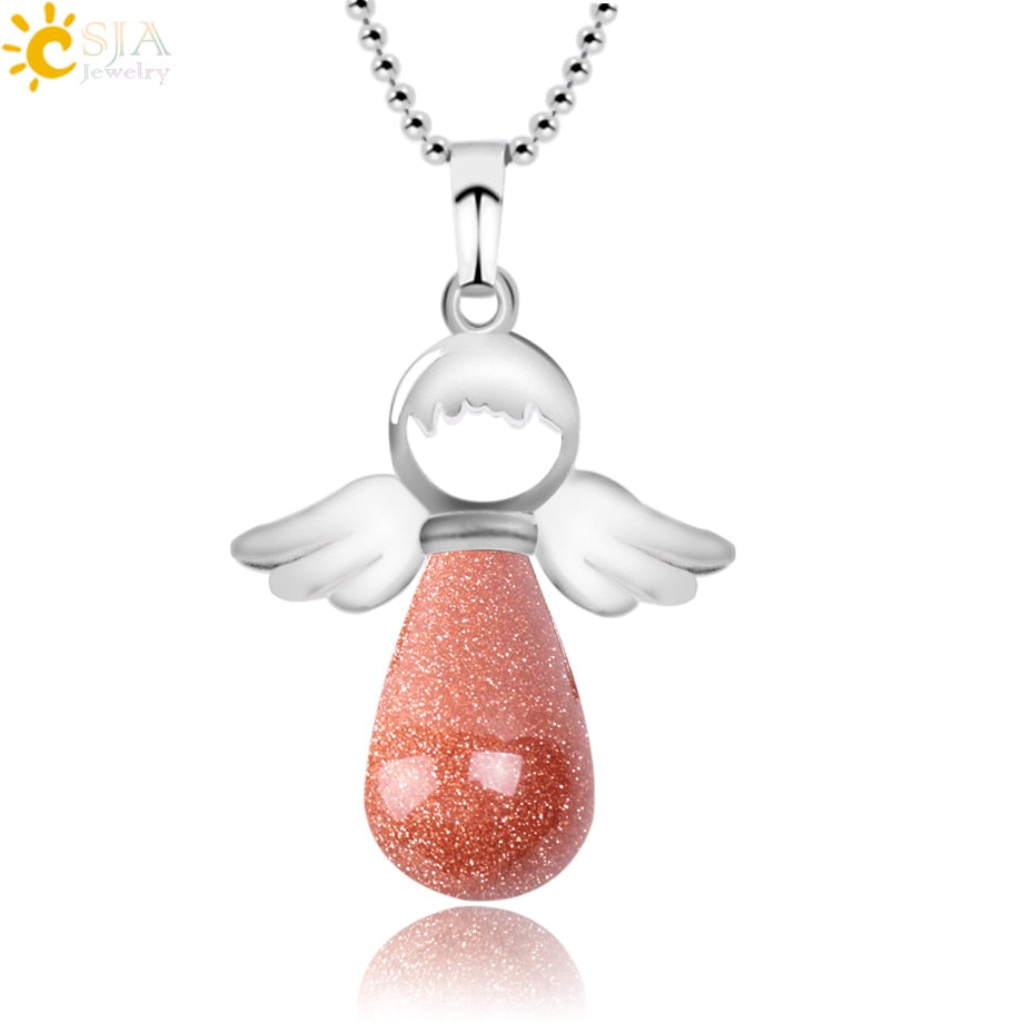 CSJA Angel Natural Stone Necklaces Pink Quartz Lapis Lazuli Necklace Angels Pendants for Women Purple Female Jewelry E947 - Charlie Dolly