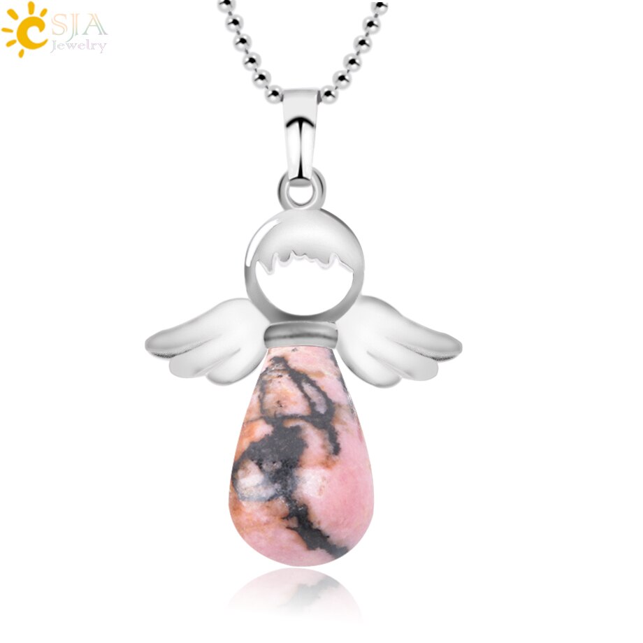 CSJA Angel Natural Stone Necklaces Pink Quartz Lapis Lazuli Necklace Angels Pendants for Women Purple Female Jewelry E947 - Charlie Dolly