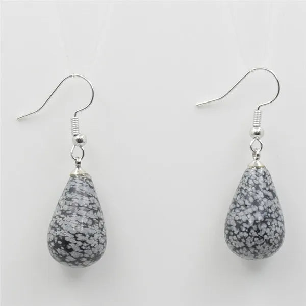 Natural Stone Tear Water Drop Beads Pendant Dangle Earring Black Obsidian Pink Clear Quartz Drop Hook Earrings Women Jewelry