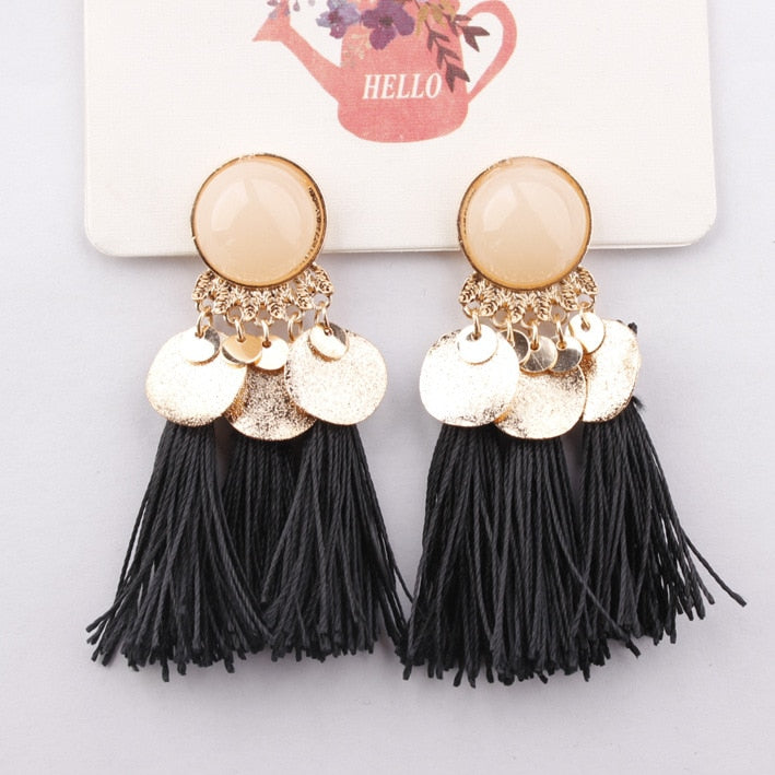 Bohemia Black Red Rope Fringe Tassel Earrings Long Drop Dangle Big Earrings Fashion Earrings for Women - Charlie Dolly