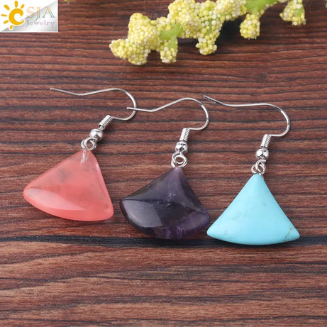 1pc Natural Stone Drop Earrings for Women Small Fan-shaped Earring Purple Pink Quartz Lapis Lazuli Crystal Tiger Eye F828 - Charlie Dolly