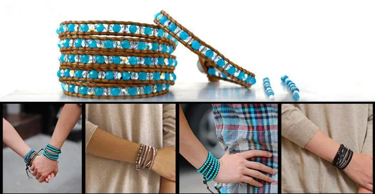 Women Men Boho Leather Wrap Bracelet & Bangle Natural Amazonite Stone Beaded Bohemia Charm Bracelet Handmade Jewelry Gift