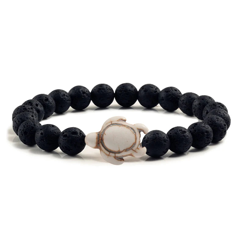 Summer Beach Sea Turtle Beads Bracelet for Men Charm Black Lava Natural Stone Strand Bracelets Elastic Women Boho Jewelry Gifts