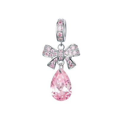 BAMOER Valentine Gift 925 Sterling Silver Pink Bowknot Droplet CZ Crystal Charms Pendant fit Chain Necklaces Jewelry SCC1074