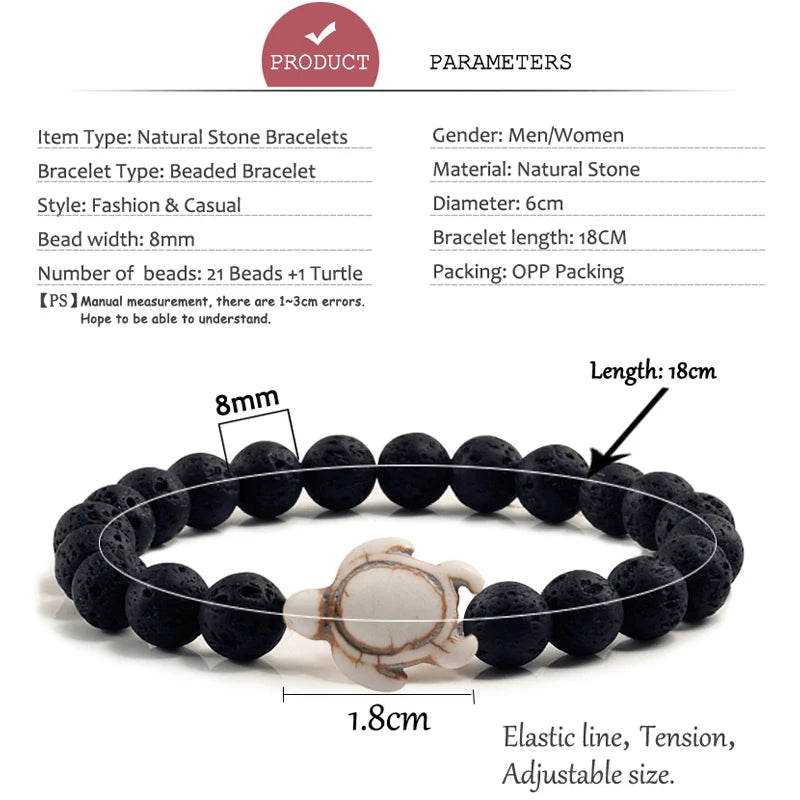 Summer Beach Sea Turtle Beads Bracelet for Men Charm Black Lava Natural Stone Strand Bracelets Elastic Women Boho Jewelry Gifts