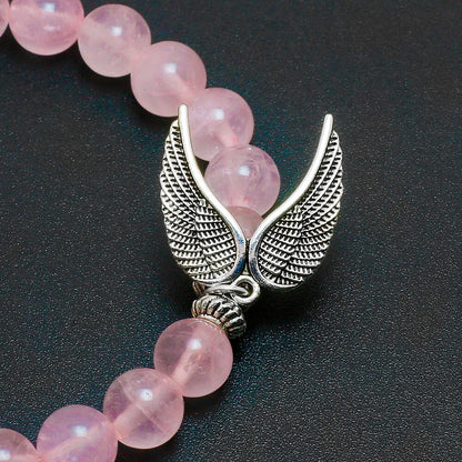 Reiki Natural Pink Quartz with Angel Wings Pendent Bracelet Women Stone Mala Beads Charms Meditation Ethnic Handmade Jewelry