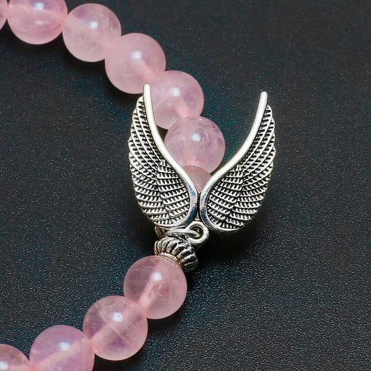 Reiki Natural Pink Quartz with Angel Wings Pendent Bracelet Women Stone Mala Beads Charms Meditation Ethnic Handmade Jewelry - Charlie Dolly