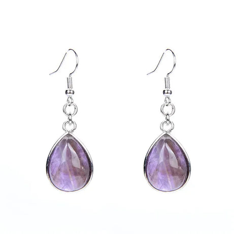 Natural Stone Teardrop Hook Earrings, Amethyst Pink Quartz Lapis Healing Jewelry