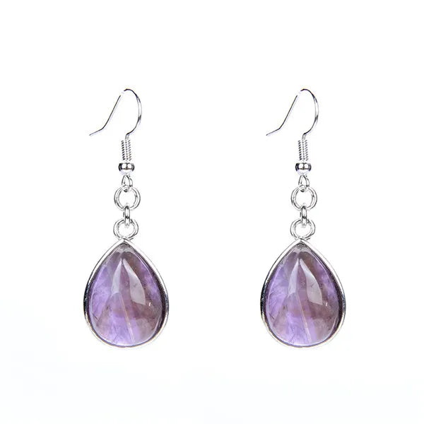 Fashion Women Stone Water Drop Earrings Natural Amethysts Clear Crystal Pink Quartz  Lapis Tear Drop Hook Dangle Earrings Female