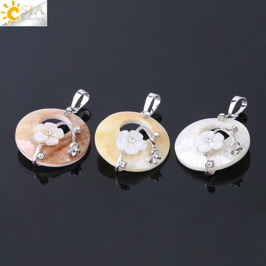 CSJA Colorful Natural Abalone Shell Pendants Necklaces White Pink Round Gems Beads Flower Zircon Women Charms Jewelry F873