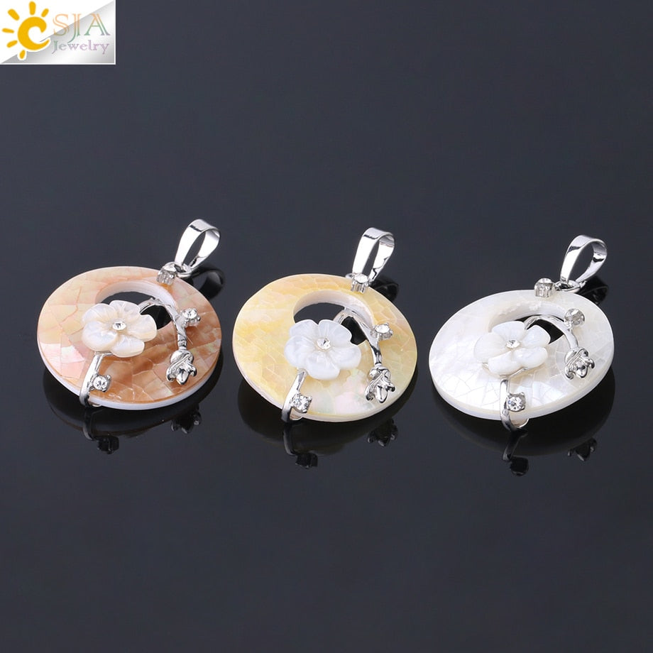 CSJA Colorful Natural Abalone Shell Pendants Necklaces White Pink Round Gems Beads Flower Zircon Women Charms Jewelry F873 - Charlie Dolly