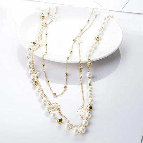 Simulated Pearl Long Double Layer Necklace Jewelry