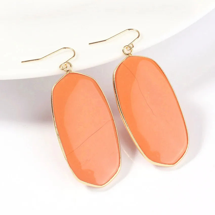 Natural Crystal Rose Pink Quartz Labradorite Lapis Lazuli Tiger Eye Stone Turquoise Oval Dangle Hook Women Earrings Jewelry