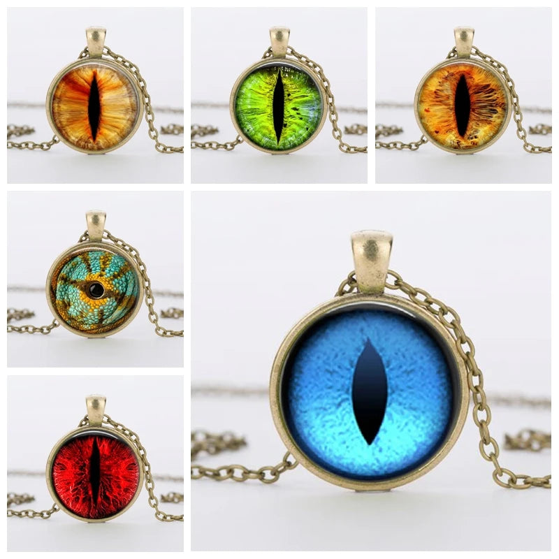 Red Cat Eye Charms Necklace Dragon Eyes Photo Glass Cabochon Handmade Black Chain Necklaces